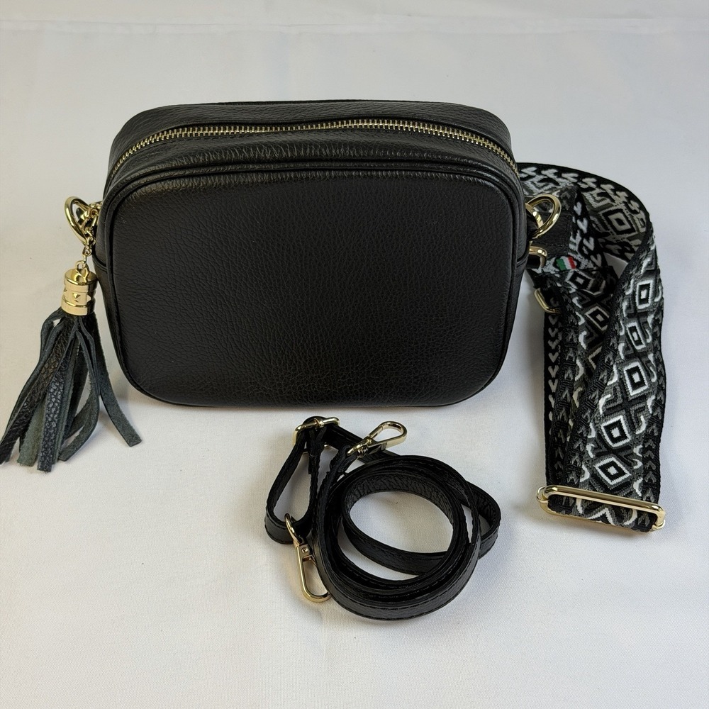 Borse in Pelle Pebble Italian Black Pebbled Leather Crossbody Bag Camera Travel